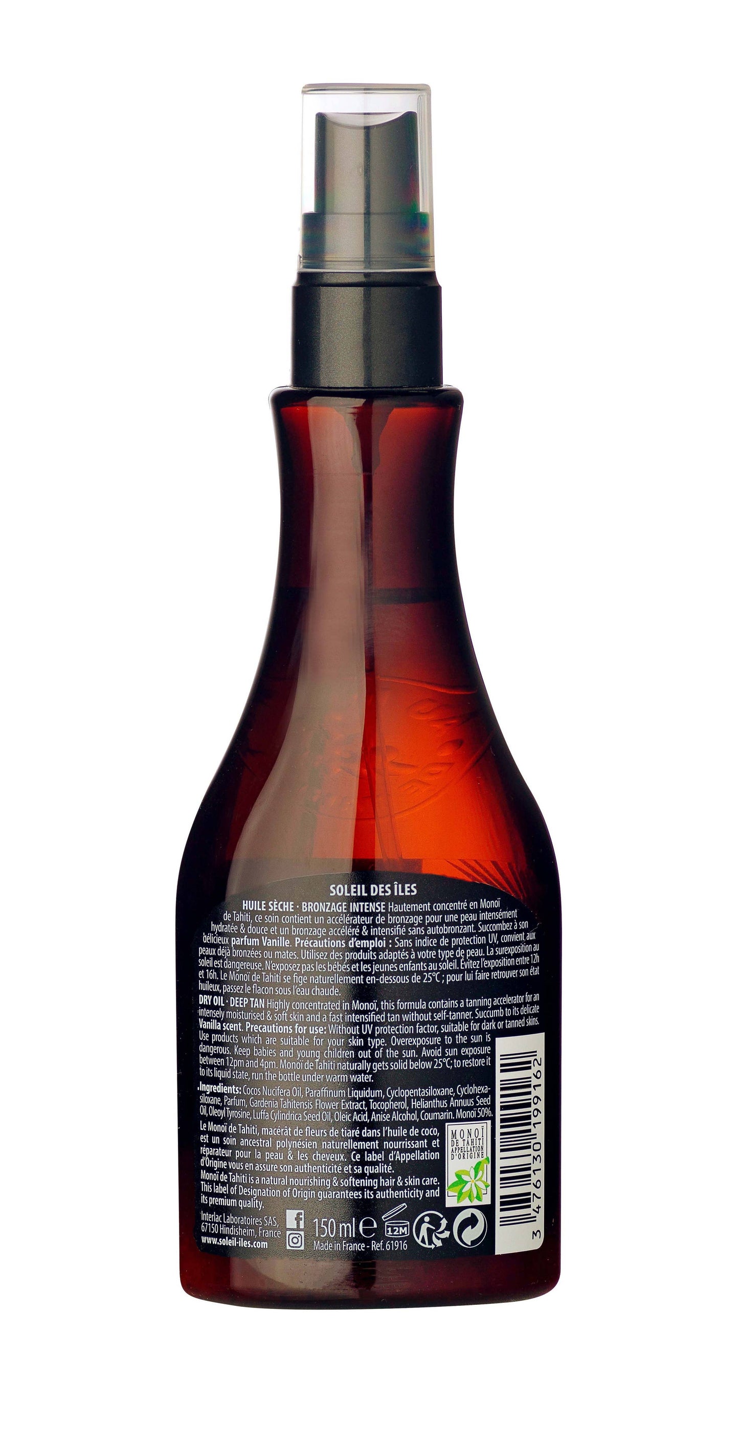 Soleil des Îles - Droge Olie Vanille SPF 0 – Tanversneller – 150 ml – Zonneolie met Monoï de Tahiti